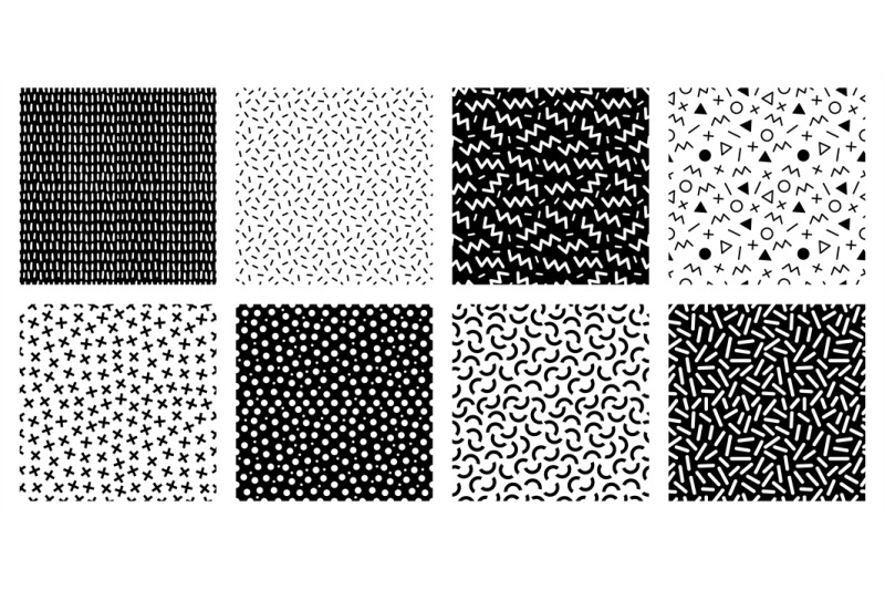 Memphis seamless patterns. Geometric lines and dots texture, black and ...