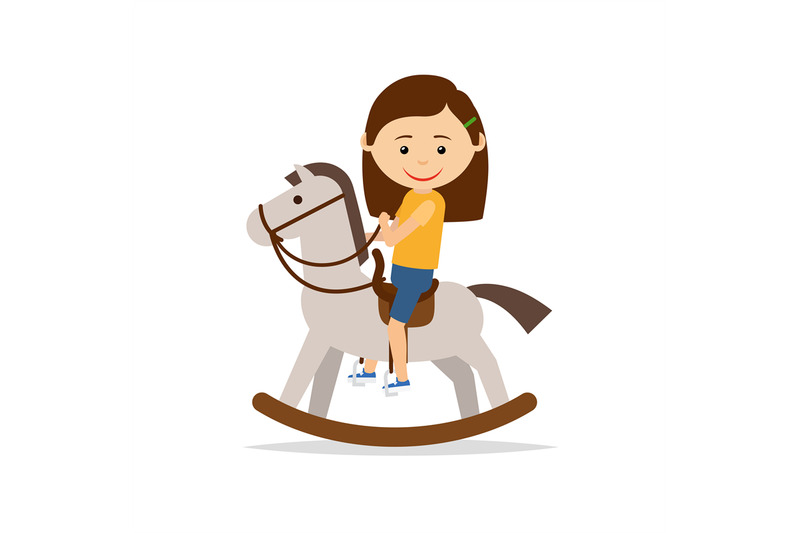 Little girl riding a toy horse By 