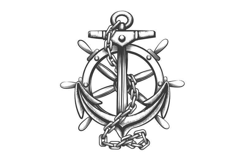 Anchor And Ship Wheel Tattoo In Engraving Style Vector Illustration By Olena1983 Thehungryjpeg Com