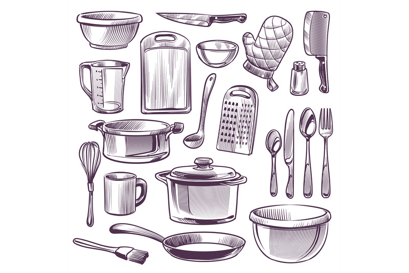 Kitchen utensils. Sketch cooking equipment. Frying pan, knife and fork By  YummyBuum