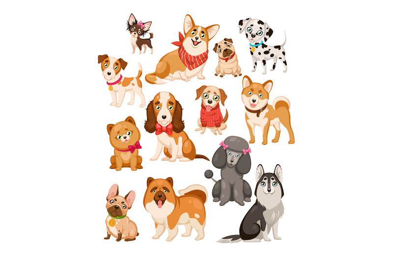 Happy dogs. Cute puppy pets and home funny animals cartoon isolated do