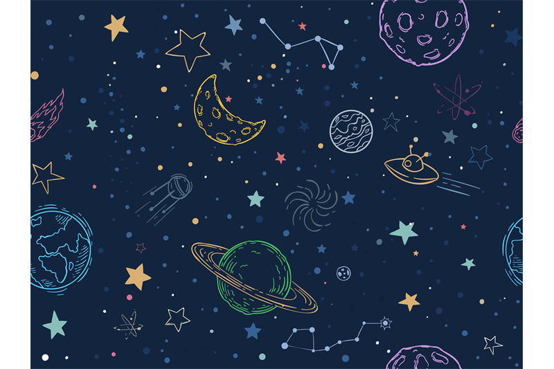 Color seamless space pattern. Hand drawn cosmic galaxy textur