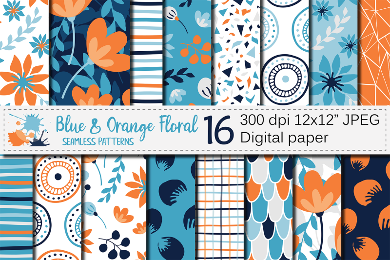 Blue and orange floral seamless digital paper / Floral patterns By VR ...