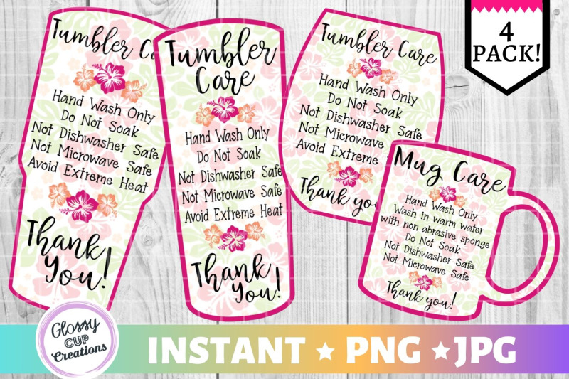 Tumbler Care Card Pack, PNG, Print and Cut, Pink Tropical By Glossy Cup ...