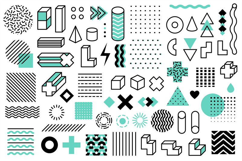 Geometric shapes. Graphic universal memphis style symbols. Lines circl ...