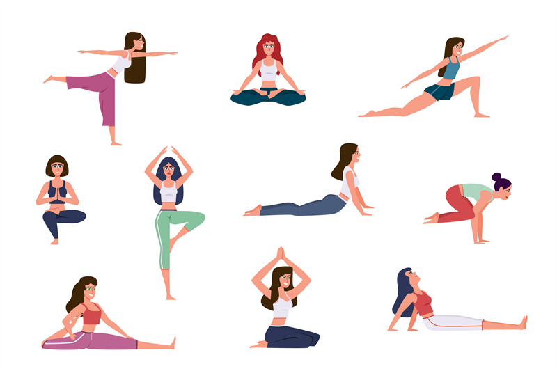 Simple standing warm-up yoga asanas set for beginners / Illustration  stylized woman practicing arms stretching poses Stock Vector | Adobe Stock