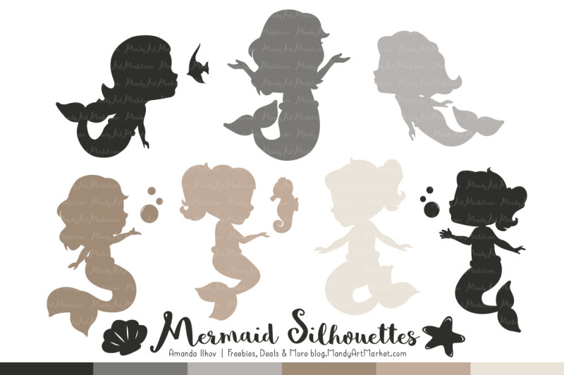 Sweet Mermaid Silhouettes Vector Clipart in Shades of Neutral By Amanda ...