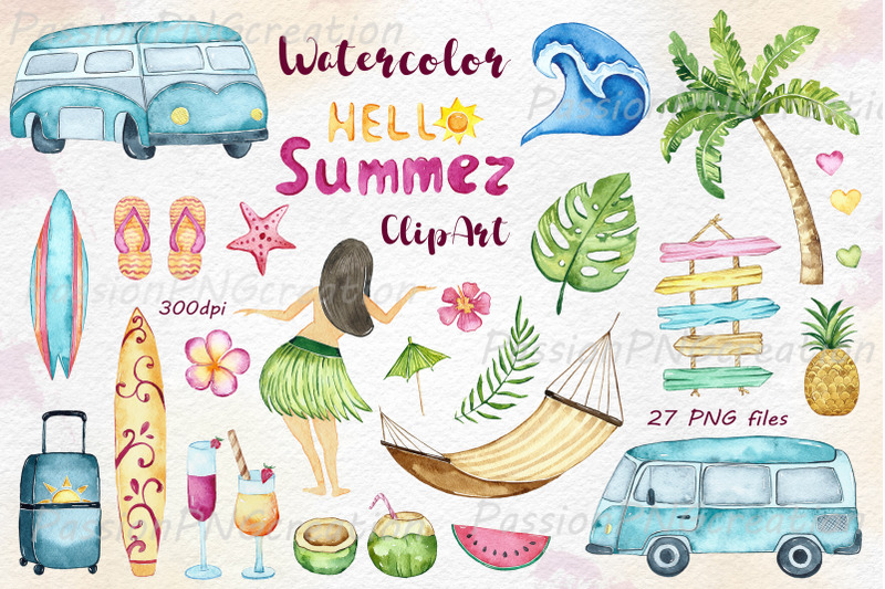 Watercolor Summer Clipart By PassionPNGcreation | TheHungryJPEG
