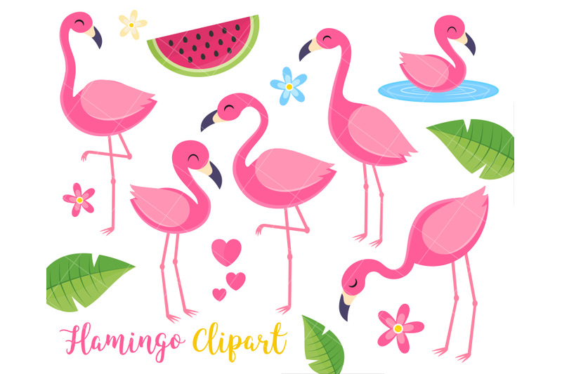 Flamingo Clipart, Tropical Summer Clipart, Birds, Tropical plants, By ...