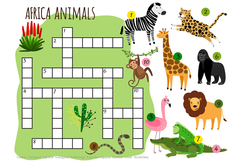 Exotic African Animals Vector Crossword For Children By 