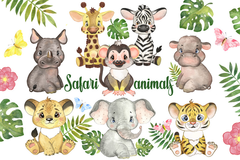 safari-baby-animals-digital-watercolor-clipart-nursery-prints-by