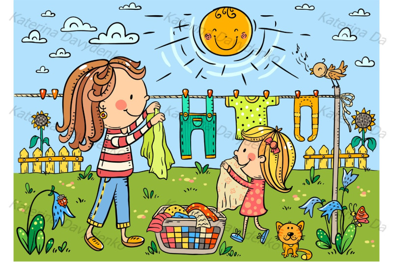 Family clipart. Little girl helping her mother By Optimistic Kids Art