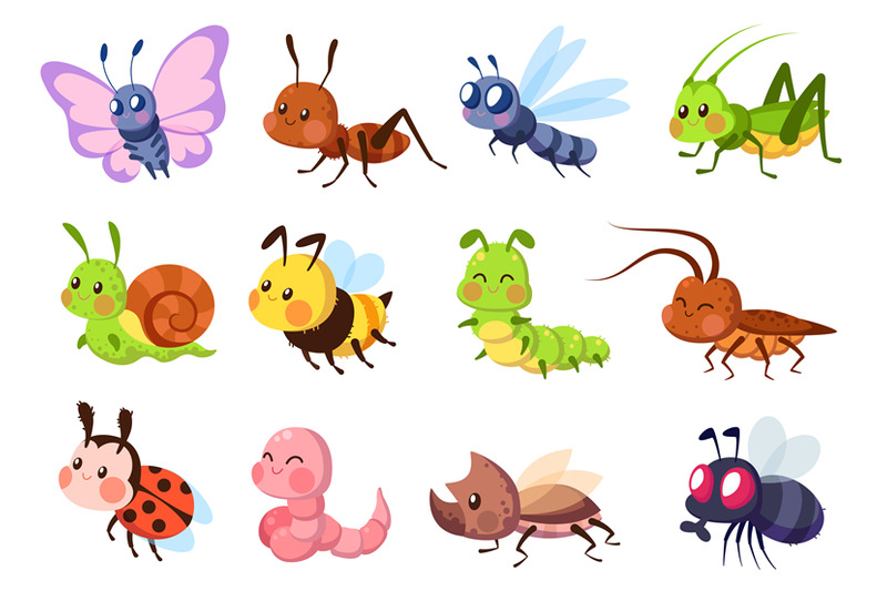 Cute insects. Bugs creatures bee and ladybug, worm, snail and butterfl By  YummyBuum