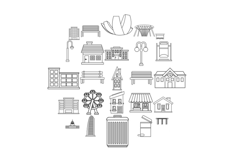 Interesting places icons set, outline style By Ylivdesign