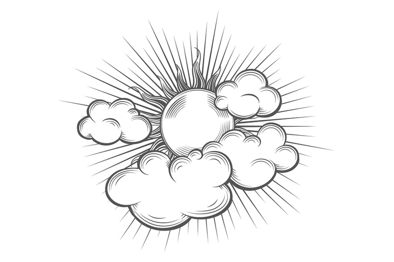 Hand Drawn Sun with Sun Beams and Cloud Engraving Illustration By