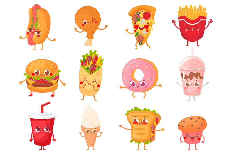 Cartoon fast food mascots. Street food character, french fries and piz ...