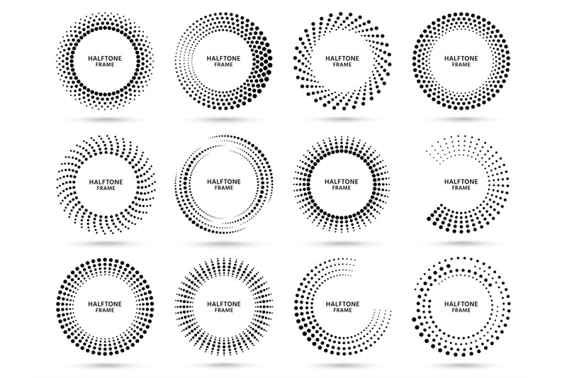 Round halftone frame. Dotted circle, vintage abstract dot halftones fr ...