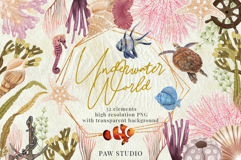 Illustration of Underwater World. Marine Bundle. Sea Animals Plants By ...