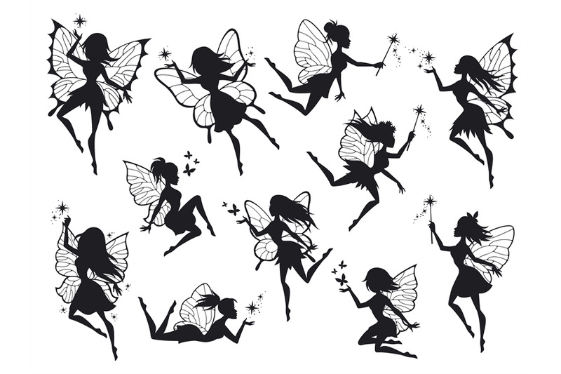 Fairy silhouettes. Magical fairies with wings, mythological winged fly