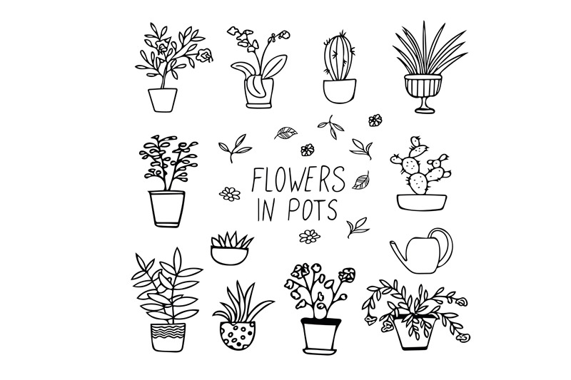 flowers in pots doodle set By Irina_Samoylova | TheHungryJPEG