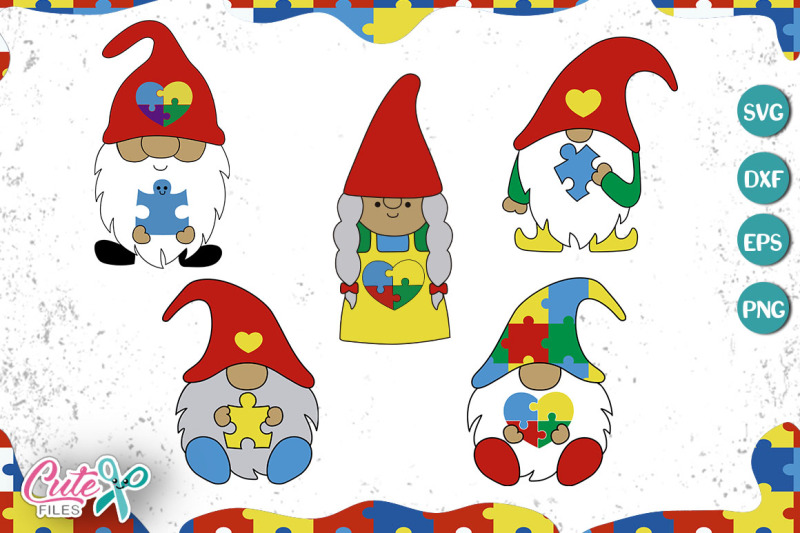Gnome with puzzle piece set, autism svg for crafter By Cute Files