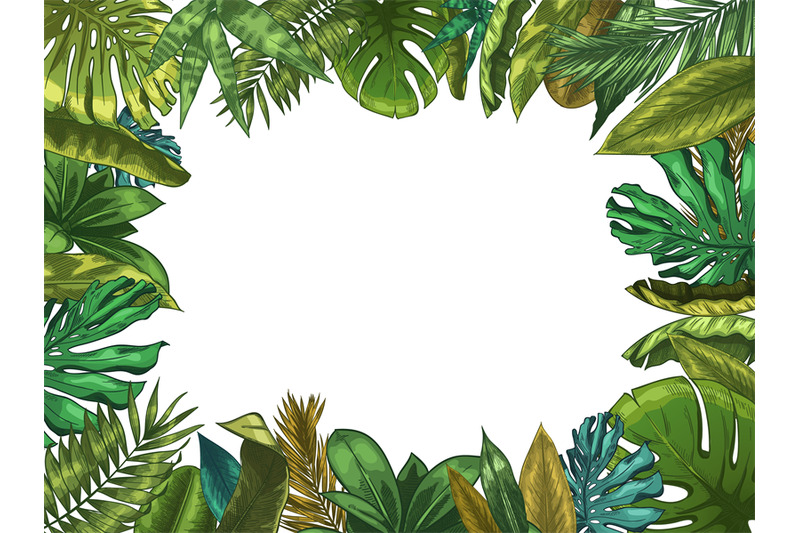 Green tropical leaves frame. Nature leaf border, summer vaca