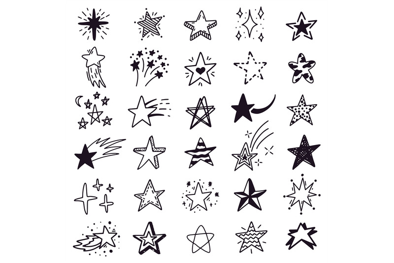 Hand drawn star sketch. Doodle stars sketch, drawing ink starburst and