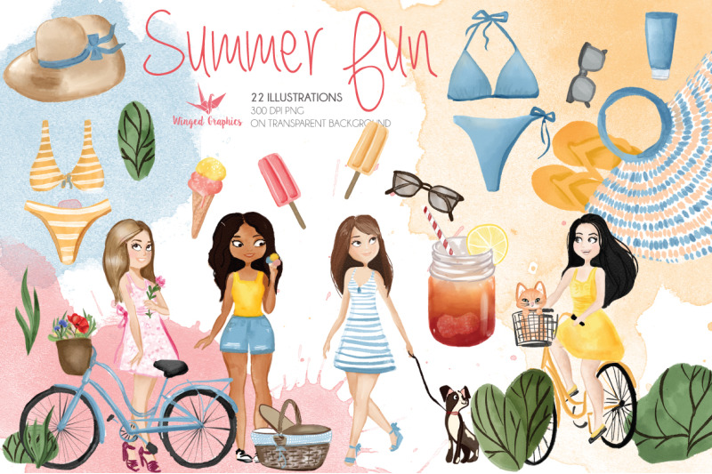 Summer fun: 22 individual watercolor illustrations (300DPI png) By ...