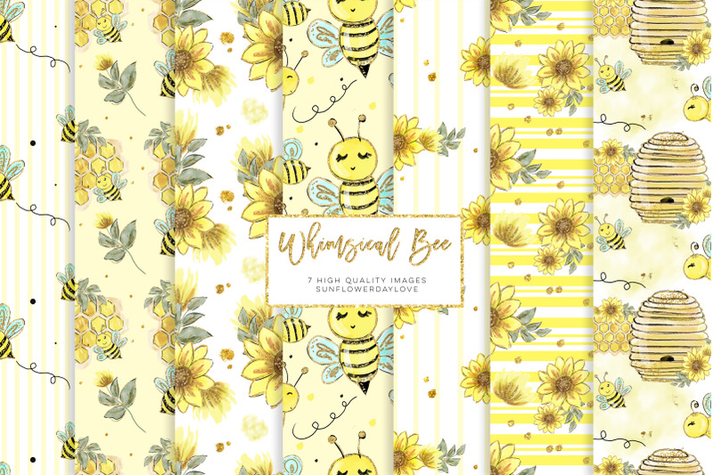 Watercolor bee clip art seamless pattern, whimsical bee digital paper