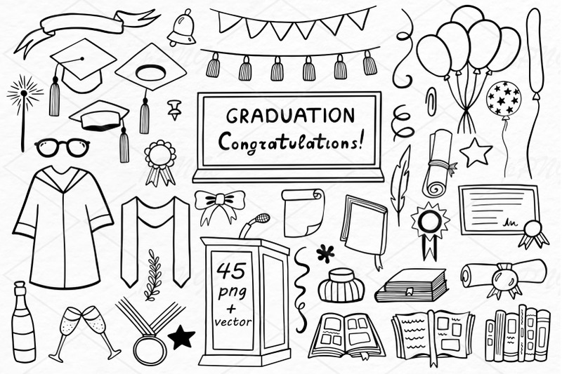 Doodle graduation clipart, cap, png files 300 dpi, eps, ai, svg, pdf By ...