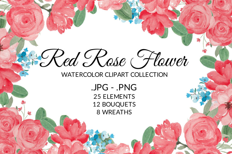 Red Rose Floral Watercolor Clipart Collection By elsabenaa | TheHungryJPEG