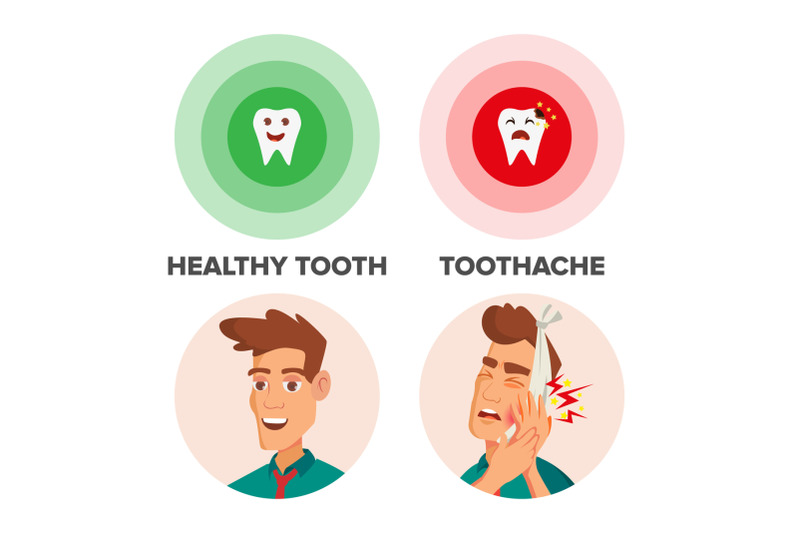 Healthy Tooth And Toothache Vector. Man With Toothache And Bandage 