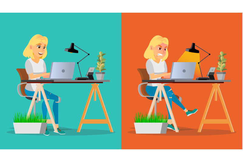 Stressed Out Woman Vector. Blonde Girl Working At Office