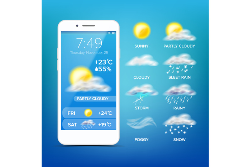 Weather Forecast App Vector. Realistic Smartphone Screen. Weather App ...