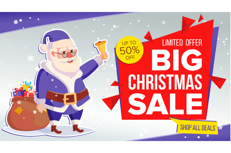 Christmas Sale Banner Vector. Cute Xmas Santa Claus. Crazy Sale Poster. Cartoon Business