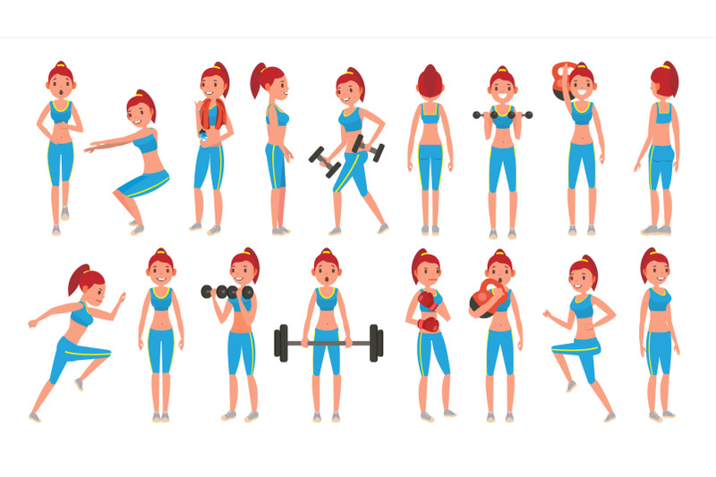 Fitness Girl Vector. Different Poses. Exercises For Fat People. Healthy ...