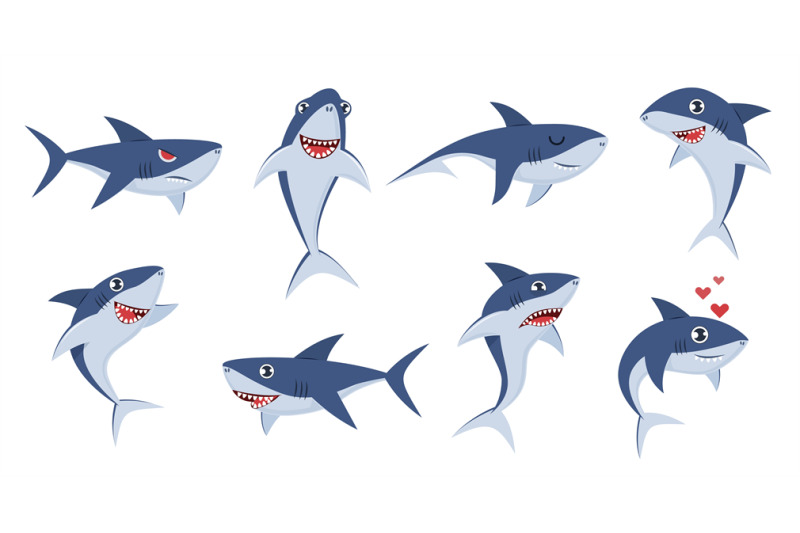 Cartoon sharks. Comic shark animals, cute character emotions, scary ja By  YummyBuum | TheHungryJPEG