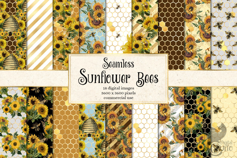 Sunflower Bees Digital Paper By Digital Curio | TheHungryJPEG