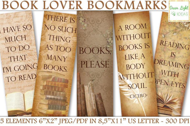 Printable Bookmarks, Book Lover Vintage Digital Bookmarks By Green