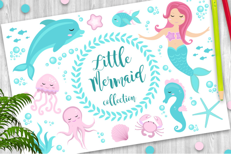 Cute set Little mermaid and underwater world By Lucia_ Fox | TheHungryJPEG