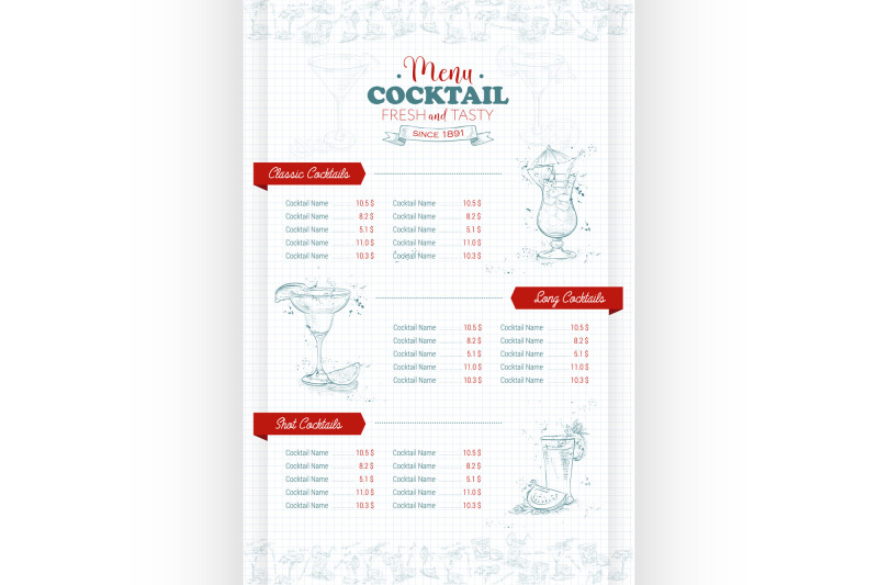 Drawing vertical cocktail menu design By Netkoff | TheHungryJPEG