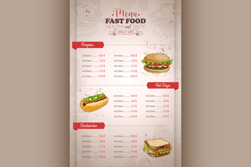 Drawing vertical color fast food menu design By Netkoff | TheHungryJPEG