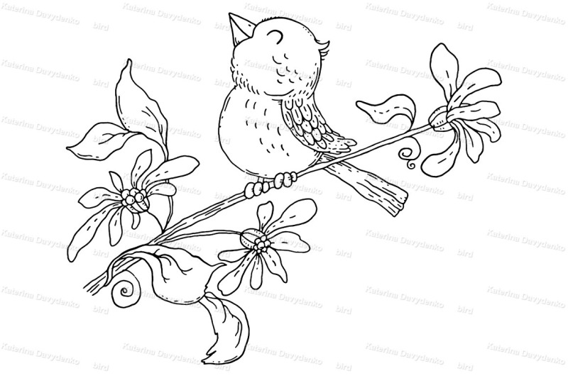 Bird on a branch with flowers, floral design, coloring page By ...