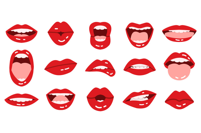 Cartoon lips. Girls red lips, beautiful smiling, kissing, show tongue, By  WinWin_artlab | TheHungryJPEG