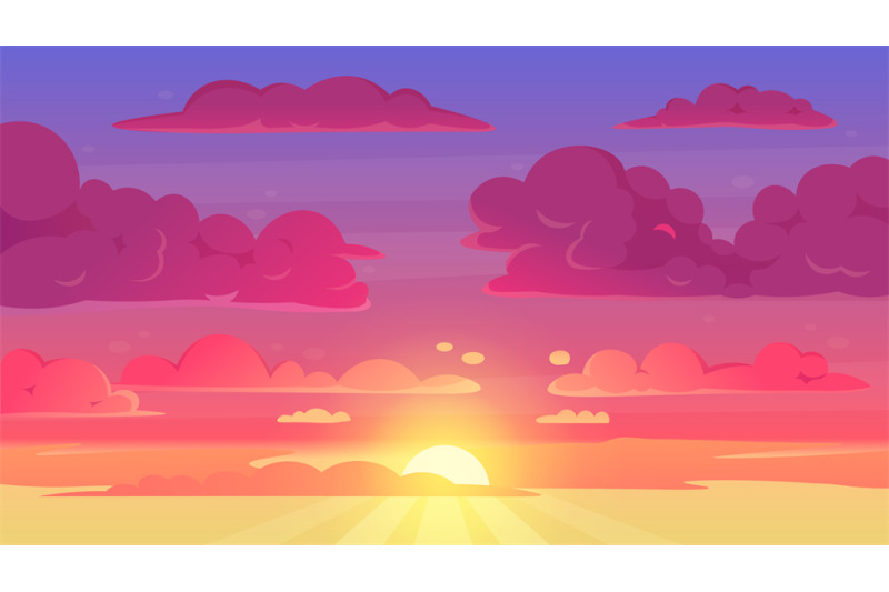 Cartoon sunset sky. Gradient violet and yellow sky clouds landscape, e