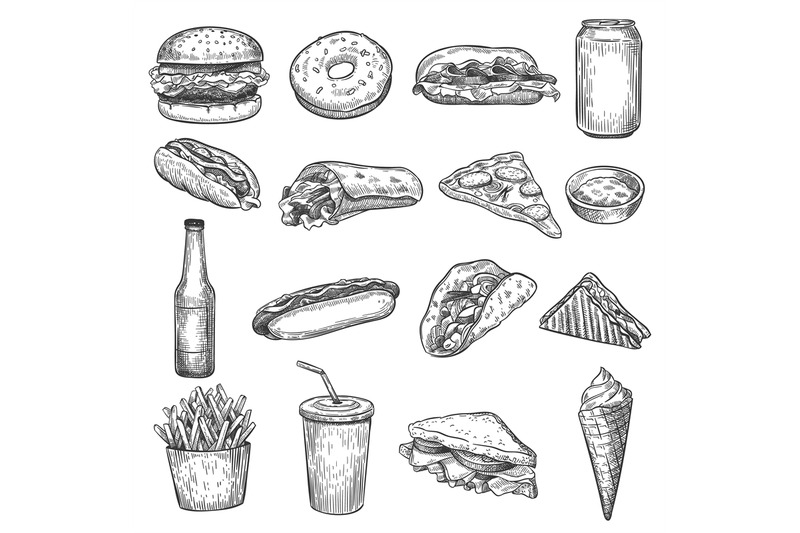 Collection Fast Food Various Types Drawing Stock Vector (Royalty Free)  2126626205 | Shutterstock
