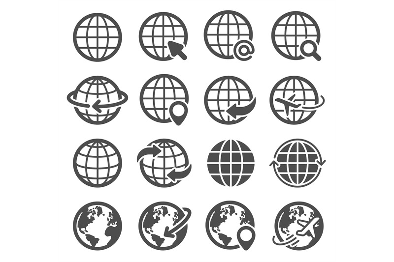Globe icons set. World earth, worldwide map continents spherical plane ...