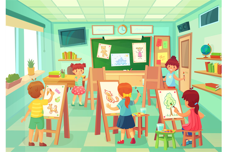 Kids drawing in art class. Vector art education By Tartila | TheHungryJPEG