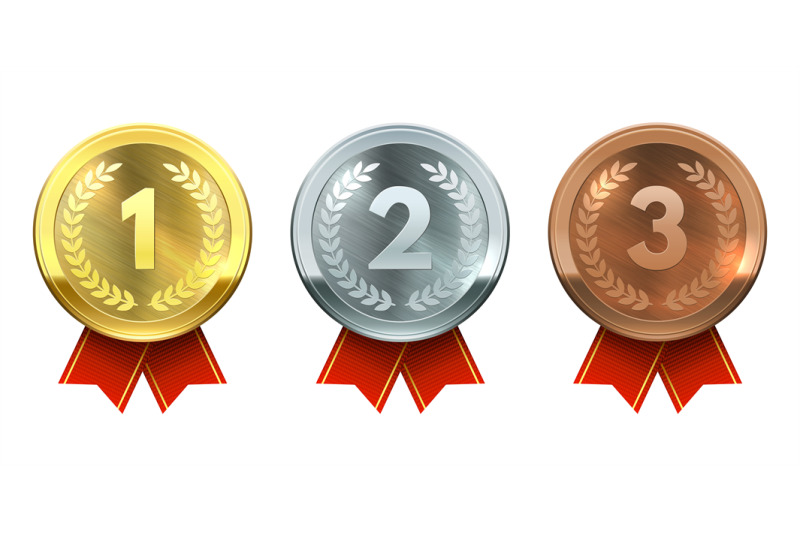 Gold, and bronze medals. Realistic round badges with red By Tartila | TheHungryJPEG