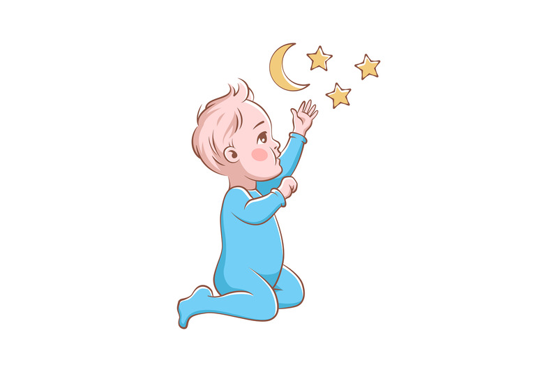 Cute baby boy playing. Happy child in blue diaper vector cartoon chara ...